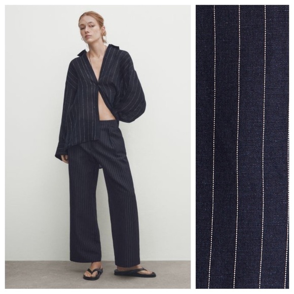 NWT. Massimo Dutti Navy Blue Striped Trousers with Darted Details. Size 8.